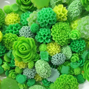 20 Piece Green Mix Flower Cabochons Grab Bag 20pc Roses Mums (DESTASH SALE)
