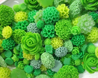 20 Piece Green Mix Flower Cabochons Grab Bag 20pc Roses Mums (DESTASH SALE)