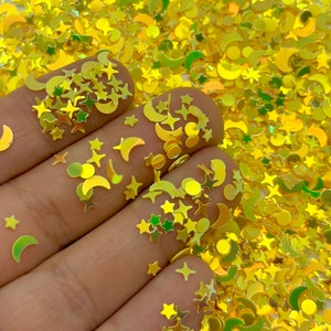Golden Yellow Iridescent Shift Pastel Celestial Moon Star Assorted Shape Glitter T110