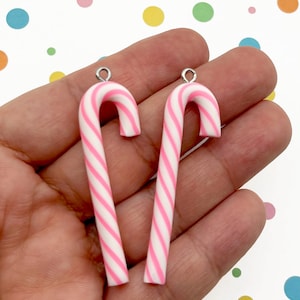 5 Large X-mas Pink Polymer Clay Christmas Candy Cane Pendants, Cute Xmas Fake Peppermint Charms 242