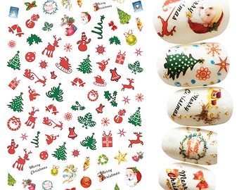 May include: A sheet of Christmas nail stickers with a variety of designs, including Santa Claus, reindeer, Christmas trees, bells, snowflakes, and the words "Merry Christmas".