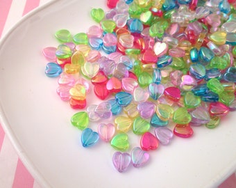 75 Multicolor 8mm AB Acrylic Plastic Heart Beads, Cute Resin Kawaii Beading Findings J147