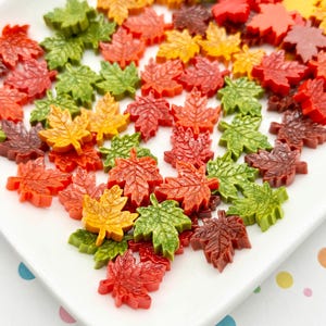 May include: A collection of colorful maple leaf-shaped embellishments in shades of red, orange, yellow, and green. The leaves are arranged on a white rectangular plate, perfect for fall-themed crafts and decorations.