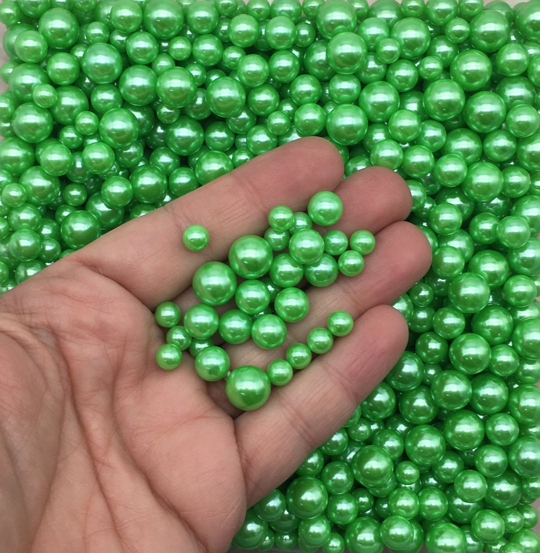 GREEN PEARLS, No Hole Fake Pearls, Multisize Faux Nonpareil Acrylic