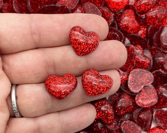 10 Red Glitter Resin Heart Cabochons, Glittery Sparkly Heart Cabochons, Cute Bling Cabs, #298b