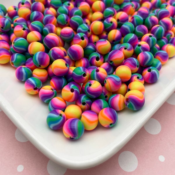 Thirty 8mm Round Striped Polymer Clay Beads, Cute Kawaii Pride Beads H371