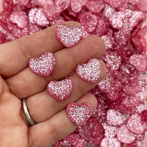 10 roze glitterhars hart cabochons met platte achterkant, glittery sprankelende schattige acryl plastic bling cabs met platte achterkant, #106b
