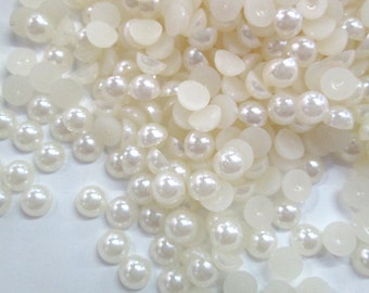 100 6mm round acrylic plastic flatbacked pearl cabochon, ivory color, flat backed glue on bedazzle bedazzling cabs