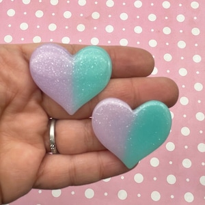 6 Pastel Aqua Purple 36mm Flatbacked Gradient Glitter Heart Resin Cabochons, Cute Flat Backed Acrylic Plastic Glittery Bling Cabs 613