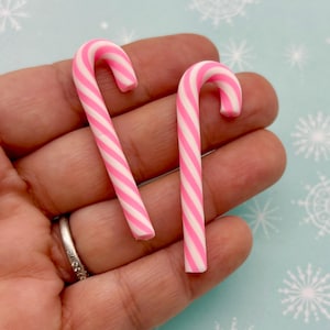 6 Large X-mas Pink Polymer Clay Christmas Candy Canes, Cute Fake Bake Xmas Fake Peppermint Charms 227