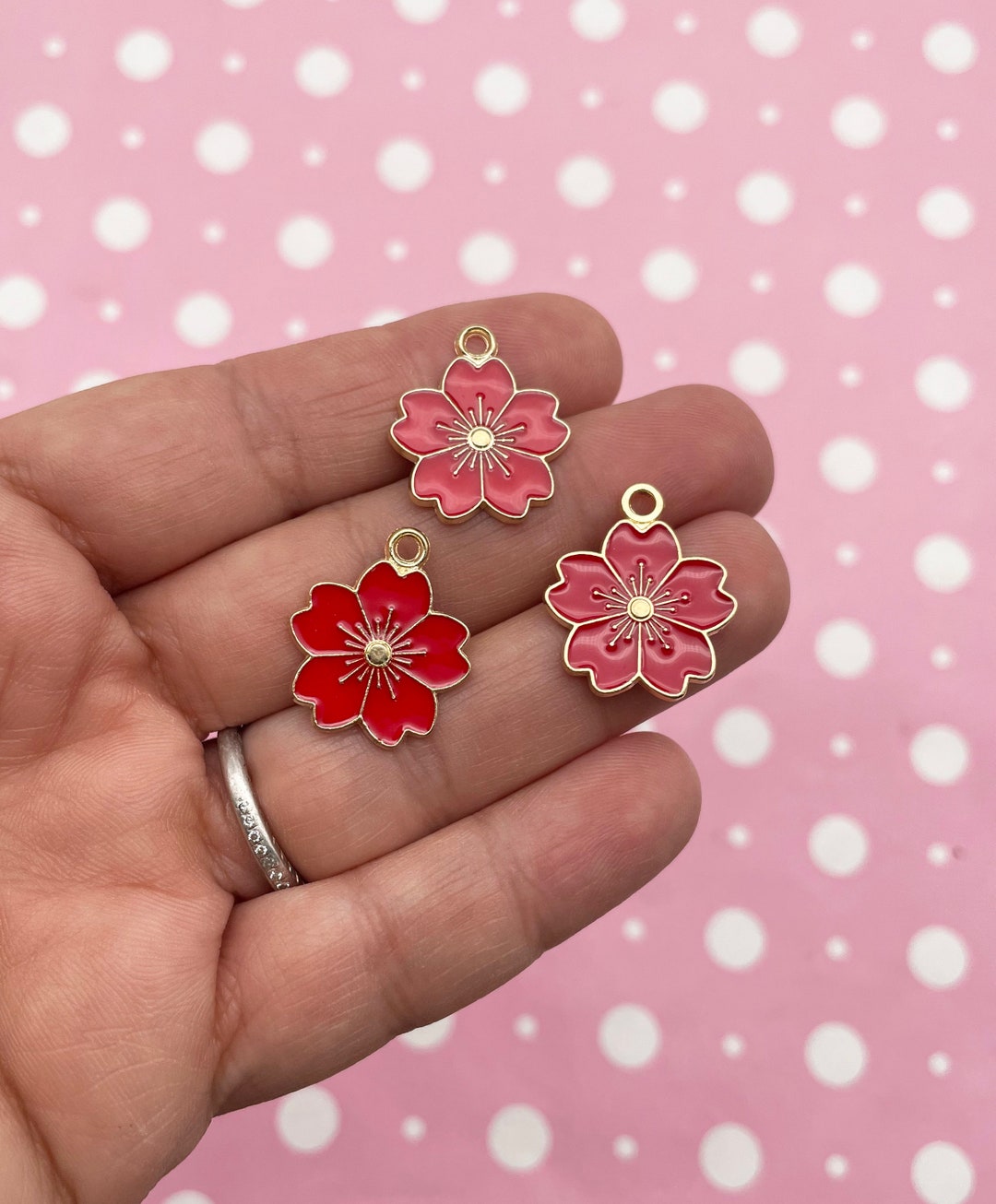 8 Red Enamel Cherry Blossom Sakura Flower Floral Pendant, 21mm