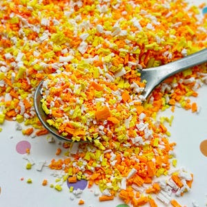 May include: A close-up of a spoon filled with orange, yellow, and white sprinkles. The sprinkles are scattered on a white surface with colorful polka dots.