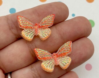10 glittriga pastellorangea plattbakade fjärilscabochoner i harts, 23 mm plattbakade glitterfjärilar i akrylplast, 23 mm cabochons, 1136