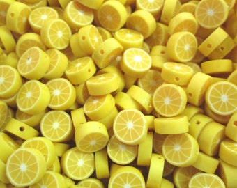 10 Lemon Polymer Clay Beads Fruit Slices, #394