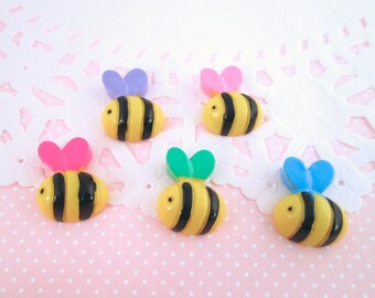 6 Multicolor 20mm Flat Backed Resin Honey Bee Resin Cabochons, Cute Honeybee Bug Flatbacked Acrylic Plastic Cabs, #1284