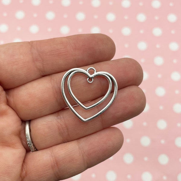 8 Silver Plated Heart Charm, Open Bezel Pendant, Heart Charms, Heart Pendants F189