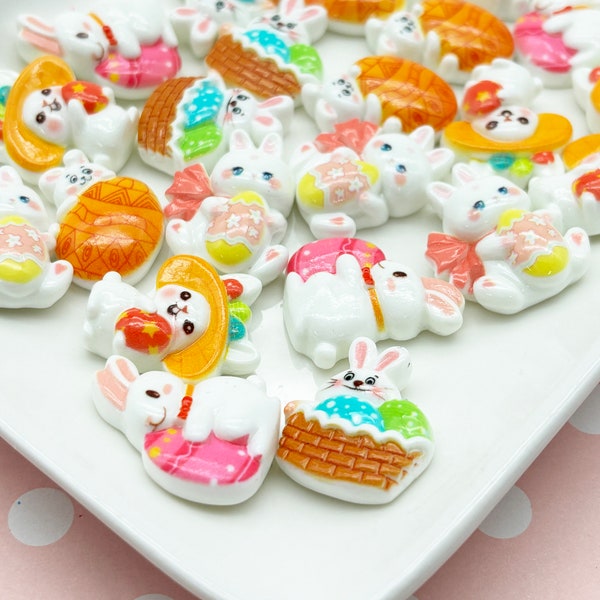 5 Assorted Bunny Rabbit Easter Cabochons, Cute Kawaii Cabs 1038