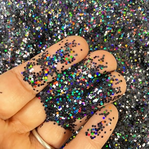 Esmalte de uñas negro resistente a disolventes, holograma iridiscente, redondo, con purpurina. Elige la cantidad F721.
