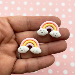 6 Pastel Flatbacked Resin Rainbow Cloud Cabochons, Rainbow Cabochons, Flat Backed Acrylic Plastic Rain Bow Sweet Kawaii Cabs 1151a