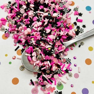Rebel Girl, Pink and Black Mix Polymer Clay Fake Sprinkles, Decoden Funfett Jimmies, E222