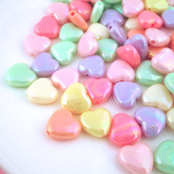 50 Fairy Kei Pastel Iridescent Heart Beads #J59