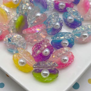 6 Multicolor Glitter Resin Seashell Cabochons with Pearls Inside, Open Glittery Acrylic Plastic Clam Sea Shells Cabs 1056b**