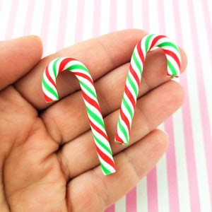 6 Large Chrismas Polymer Clay Red and Green Candy Cane Cabochons, Fake Bake Cute Xmas Fake Peppermints, X-mas Charms 50x20mm #230
