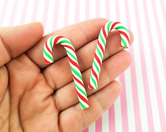 3 Large Polymer Clay Red and Green Candy Canes, Cute Fake Peppermint Charms 50x20mm #230