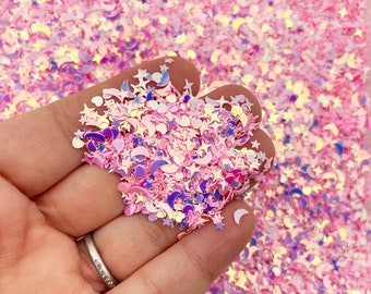 Pink Iridescent Shift Pastel Golden Celestial Moon Star Assorted Shape Glitter, F830