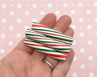 3 Large Xmas Polymer Clay Red + Green Peppermint Swirl Christmas Candy Cane Sticks, Cute Fake Bake Mint Sweets, Diy Craft Supplies 293a