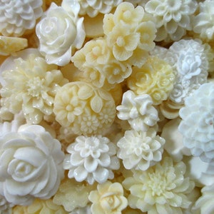 10 Piece White, ivory and Cream Mix Flower Cabochons Grab Bag 10pc Roses Mums (DESTASH SALE)