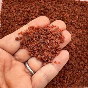 May include: A close-up of a hand holding a pile of small, reddish-brown, irregular shaped crystals. The crystals are scattered on a surface.