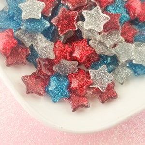 9 Red White and Blue Glitter Resin Star Cabochons, Americana Cabochons, 4th of July Cabs, Independence day, Cute Bling Cabs, #518