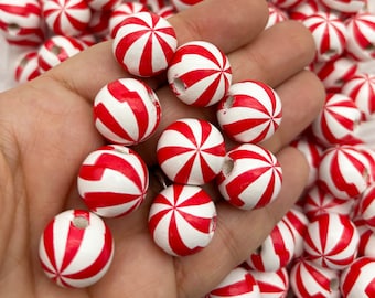 10 rode en witte houten pepermunt kerstkralen 16 mm - Feestelijke houten decoraties voor de feestdagen - Kralenbenodigdheden H480