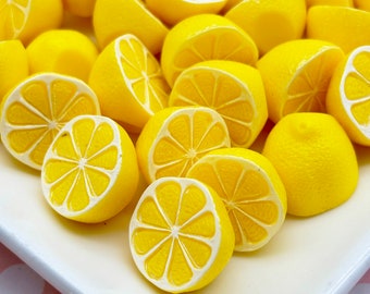 4 Small 3D Resin Lemon Cabochons, Citrus Fruit Slices Cabs, 1083