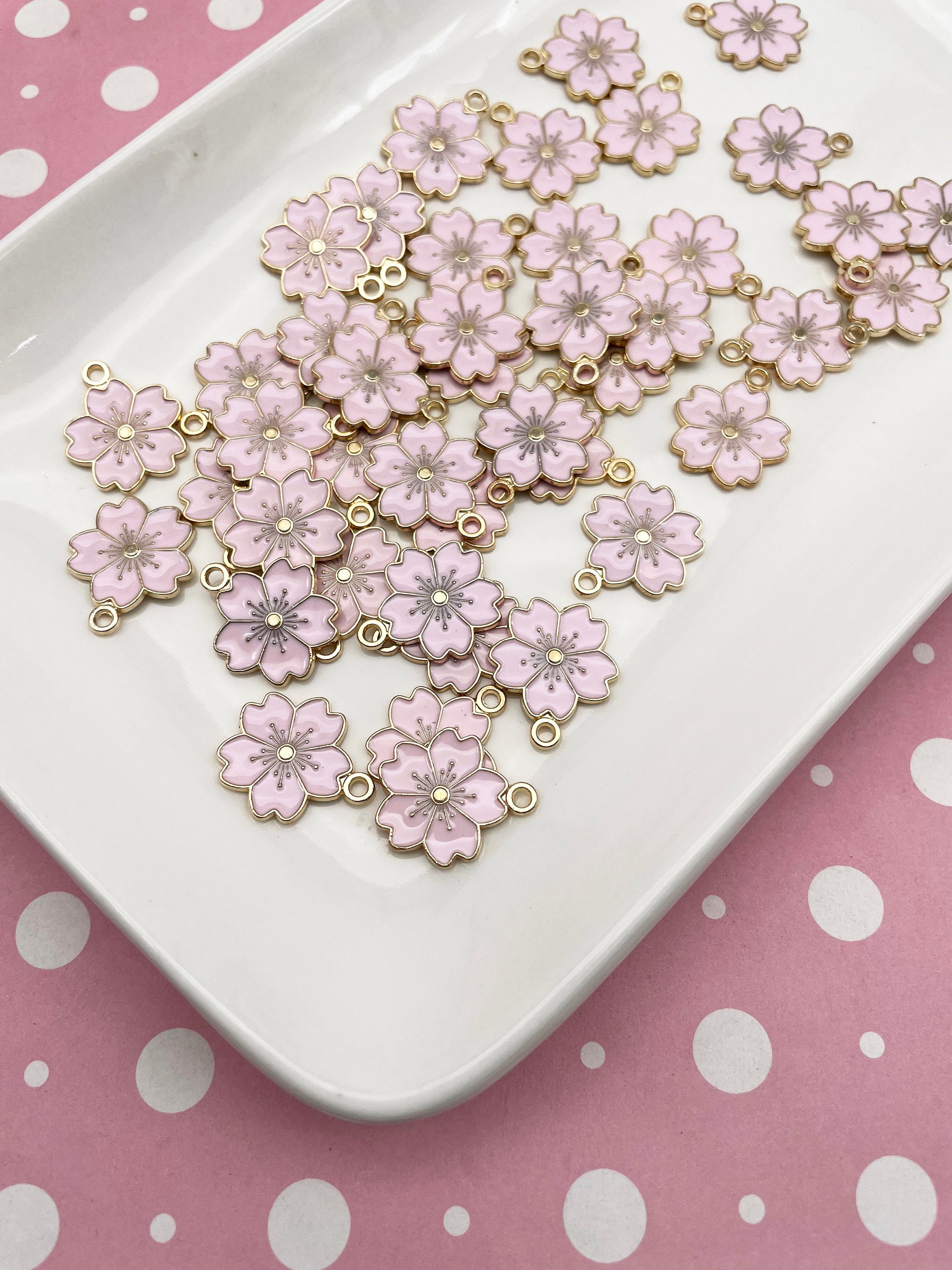 8 Pink 21mm Enamel Cherry Blossom Sakura Flower Pendant