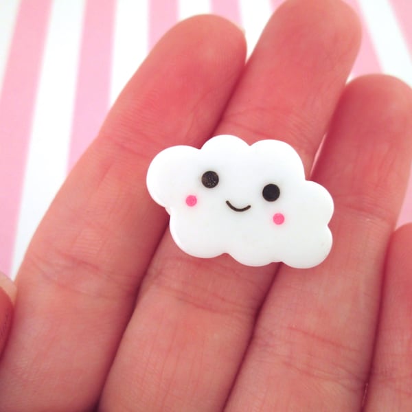 6 White Happy Cloud Cabochons, Sweet Kawaii Cabs #670a