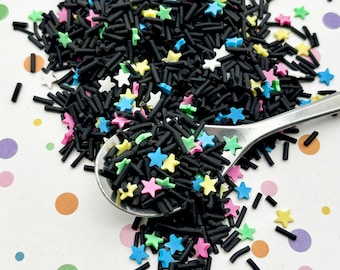 ROLLER RINK MIX Black with neon stars Polymer Clay Fake Sprinkles, Decoden Funfetti Jimmies E233