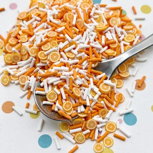 Mezcla de chispas MIMOSA, chispas falsas de arcilla polimérica de color naranja brillante y blanco con rodajas de cítricos, Decoden Funfetti Jimmies, E97