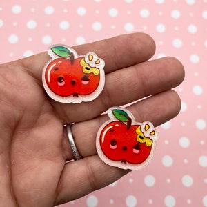 6 Glittery Red Apple 28mm Flatbacked Resin Kawaii Cabochons, Flat Backed Glitter Acrylic Plastic Fruit Cabs 891