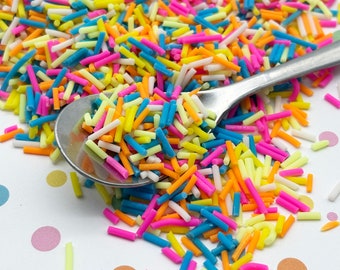 May include: A close-up of a silver spoon filled with colorful sprinkles. The sprinkles are in various shades of pink, blue, yellow, and orange. The sprinkles are scattered around the spoon on a white surface.