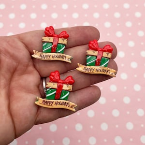 5 Red and Green 29mm X-mas Flatbacked Resin Christmas Present Cabochons, Flat Backed Acrylic Plastic Cute Xmas Holiday Gift Cabs, Dh136a