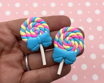 3 Pastel Polymer Clay Lollipop Cabochons with blue bow, Fake Candy Cabs, #1591a