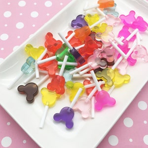 3 Small Candy Colored Resin Mouse Ear Fake Candy Sucker Lollipop Cabochons, Acrylic Plastic Kawaii Decoden Lollypop Cab, #1031