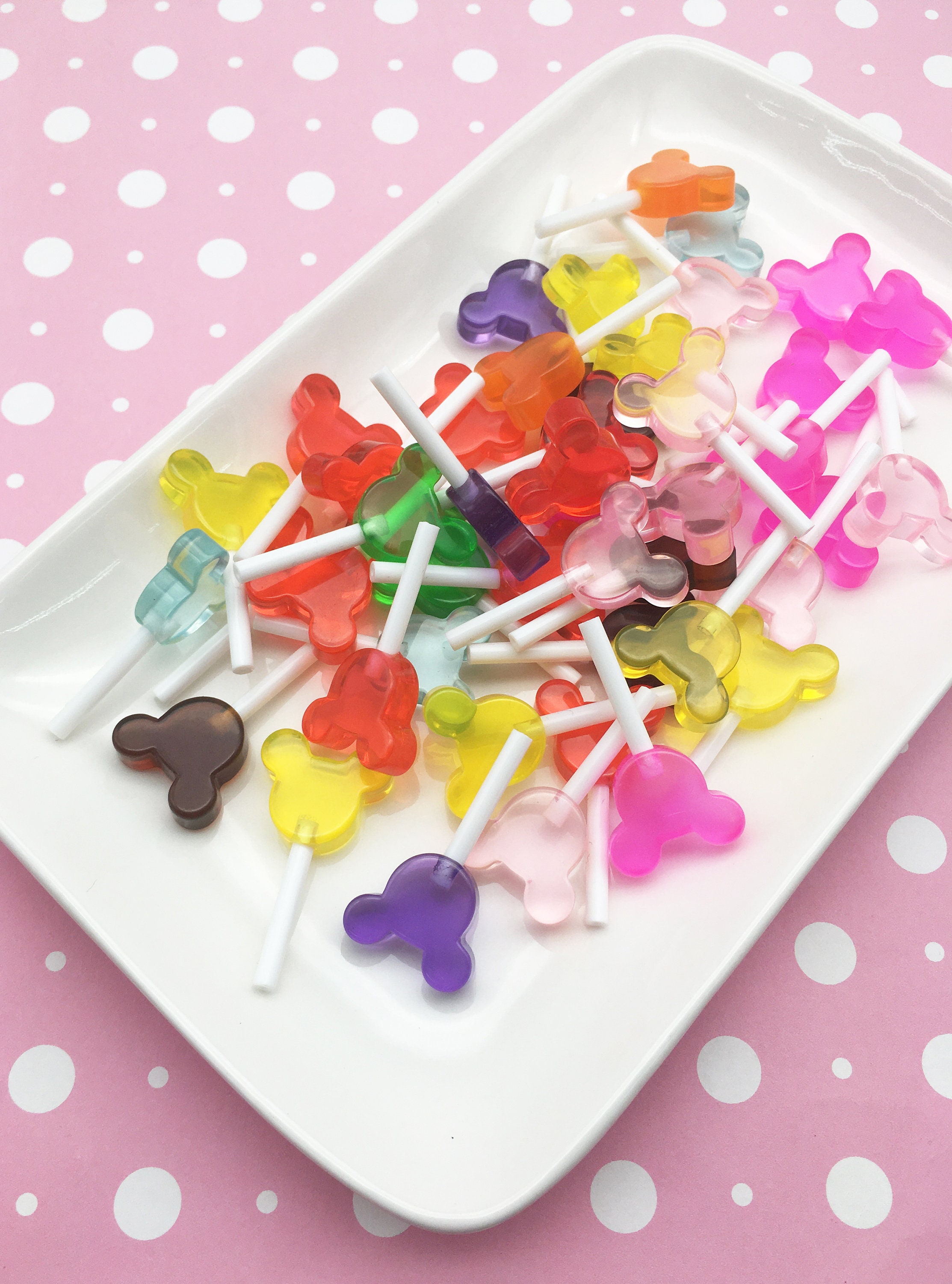 3 Small Candy Colored Resin Mouse Ear Fake Candy Sucker Lollipop Cabochons, Acrylic Plastic Kawaii Decoden Lollypop Cab, #1031