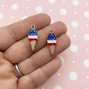 6 Red White and Blue Patriotic 4th of July Enamel Ice Cream Charms, Gold Icecream Pendants F374