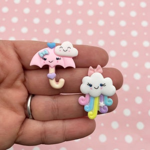 4 Pastel Rainbow Cloud and Umbrella Flatbacked Resin Cabochons, April Shower Flat Backed Acrylic Plastic Sweet Kawaii Cabs, #166