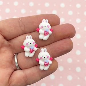 8 White Bunny Rabbit Easter Flatbacked Resin Cabochons Flat Backed Acrylic Plastic Kawaii Cabs 068