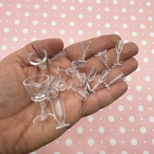 15 Piece Clear Plastic Miniature Dollhouse Drinking Glass, Wine Glass, Goblet, Juice Glass Charms for Fake Food and Doll Props, #G63