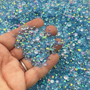 Light Blue Round Multi-size AB Transparent Flatbacked Resin Jelly Rhinestones, Flat Backed Acrylic Plastic Faceted Cabs 3mm 4mm 5mm 6mm Mix